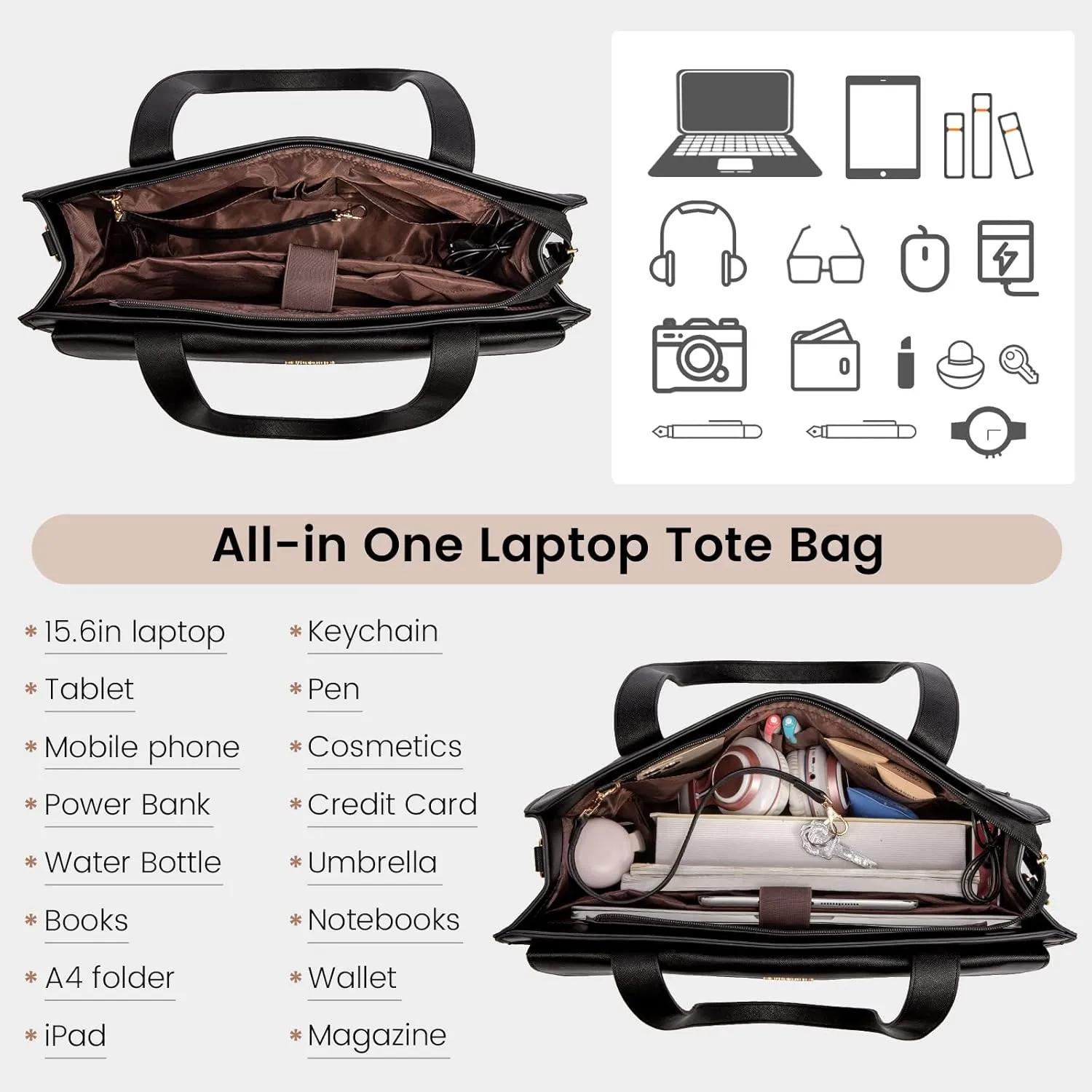 LOVEVOOK Laptop Tote for Women - 15.6 Inch Professional Leather Computer Briefcase, Waterproof Handbag, Large Capacity Business Teacher Office Bag, Crossbody Purse - Black