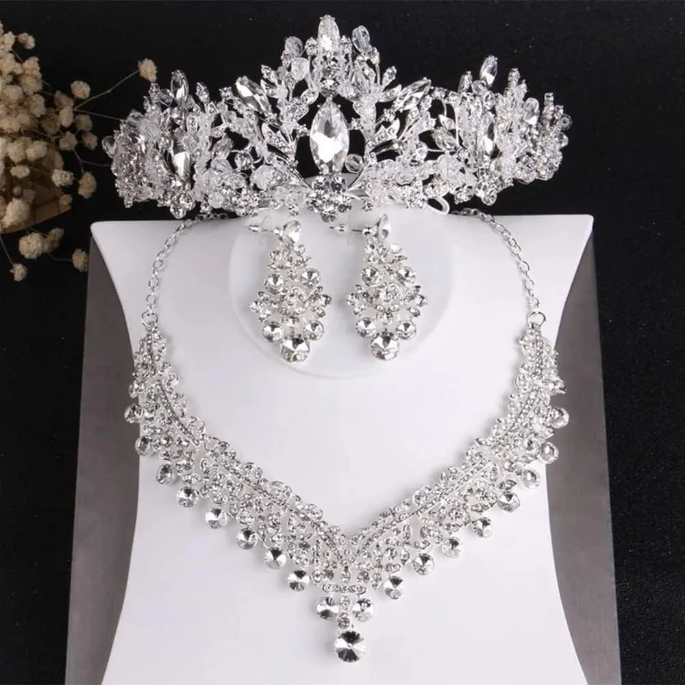 Luxury Crystal Beads Bridal Jewelry Rhinestone Tiaras Crown Necklace Earrings Wedding African Hair Jewelry EE7BM (3)