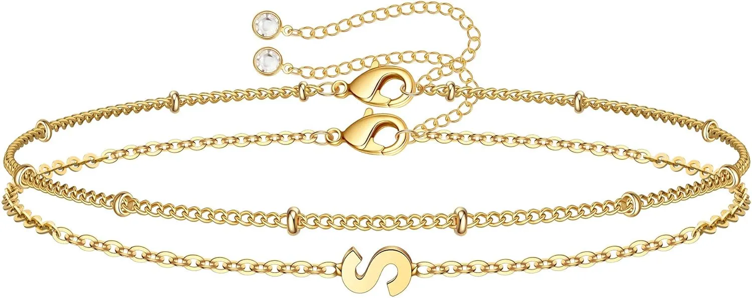 M MOOHAM Initial Bracelets for Women - Layered Letter Bracelet Initial A-Z Charm, Dainty Gold/Silver/Rose Gold Jewelry for Women Birthday Gifts Personalized Gold Jewelry Initial Bracelets