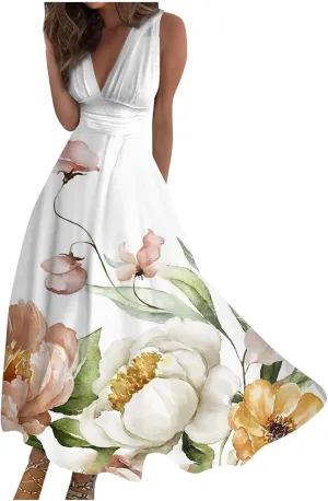 Maxi Dresses for Women 2024 Elegant Wrap V Neck Sleeveless Summer Dress Trendy Floral Print Flowy Beach Dress