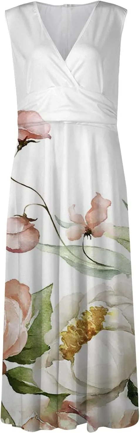 Maxi Dresses for Women 2024 Elegant Wrap V Neck Sleeveless Summer Dress Trendy Floral Print Flowy Beach Dress