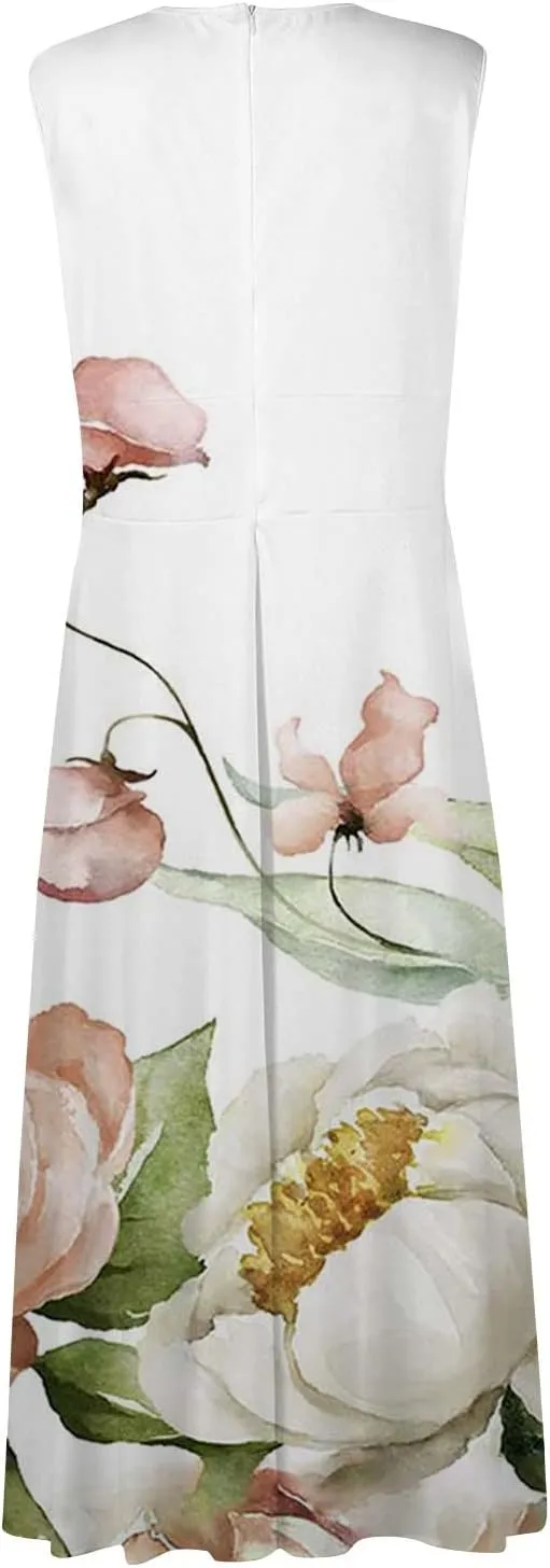 Maxi Dresses for Women 2024 Elegant Wrap V Neck Sleeveless Summer Dress Trendy Floral Print Flowy Beach Dress