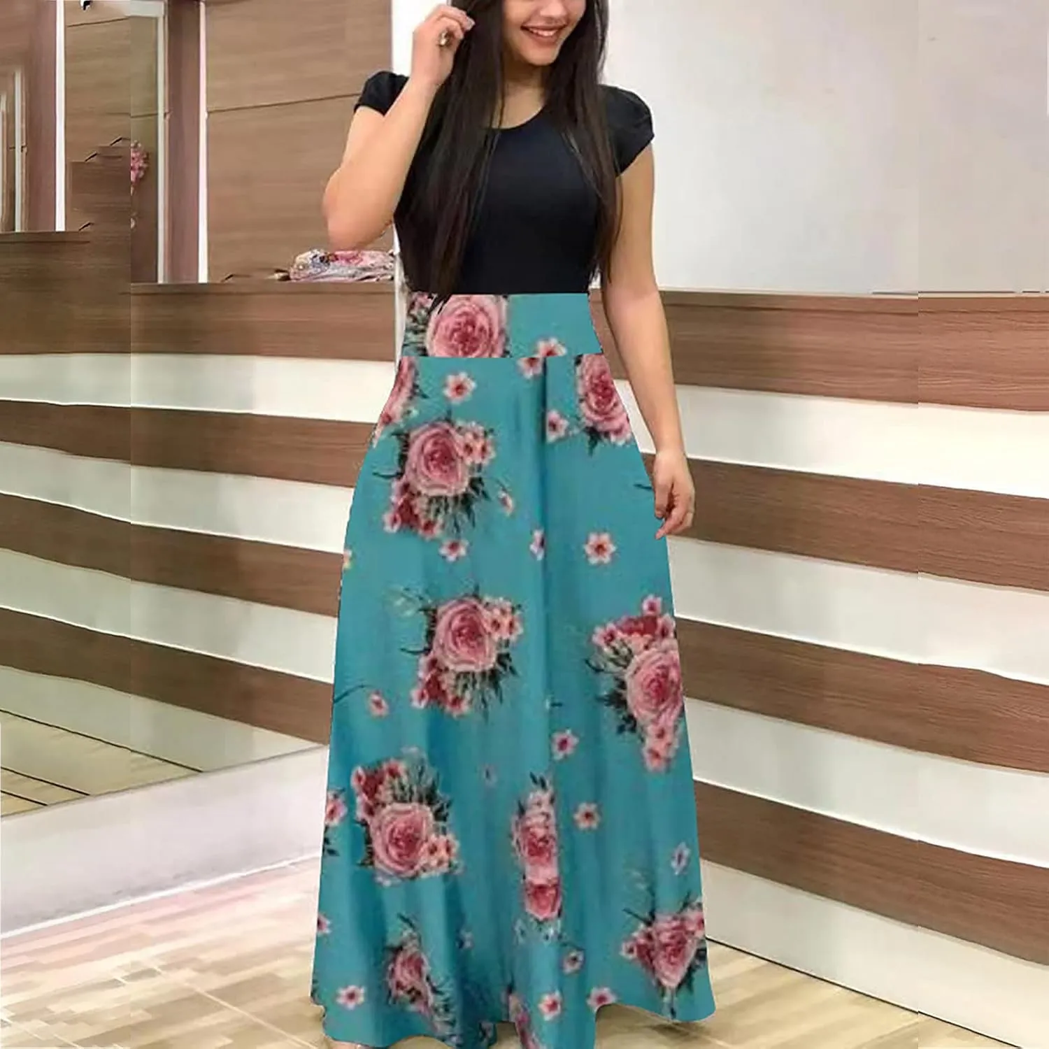 Maxi Dresses for Women's Plus Size Boho Floral Dress Beach Sundress Fashion Short Sleeves Midi Swing Party Dress