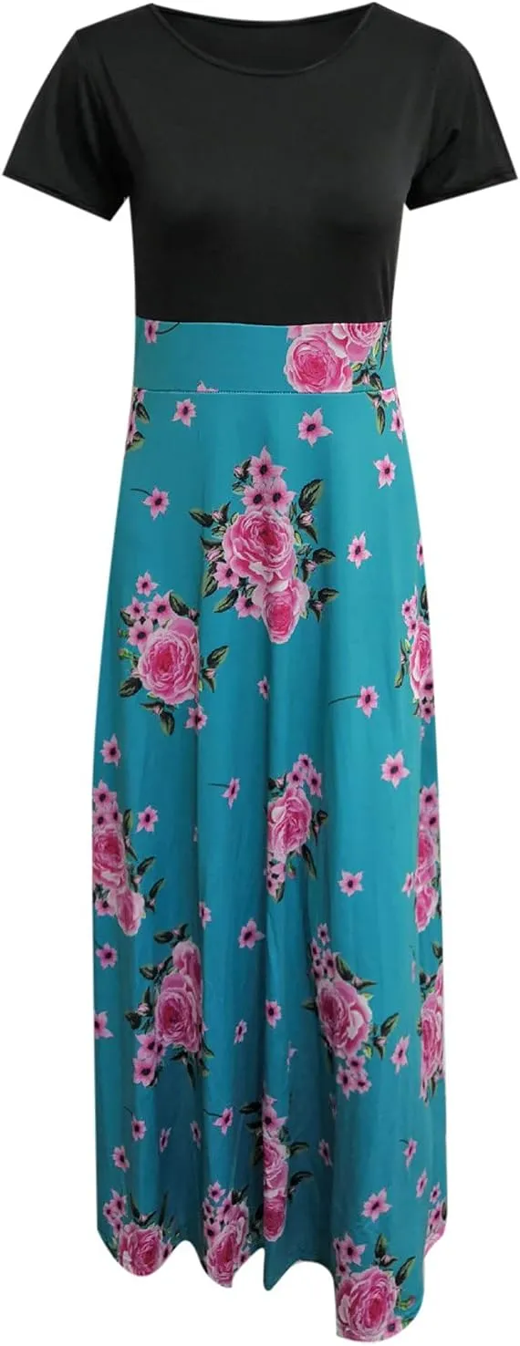 Maxi Dresses for Women's Plus Size Boho Floral Dress Beach Sundress Fashion Short Sleeves Midi Swing Party Dress
