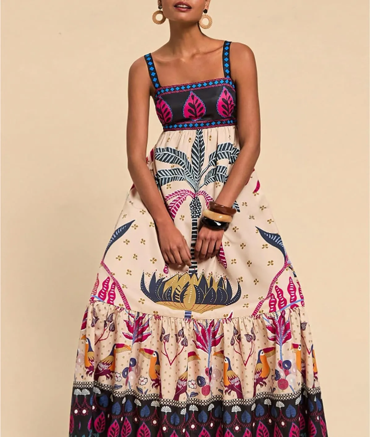 Melliflo Womens Boho Summer Maxi Dress 2025 Floral Print Spaghetti Strap Flowy Maxi Dress Smocked Tiered Long Beach Sundress