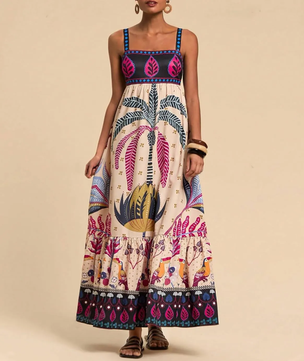 Melliflo Womens Boho Summer Maxi Dress 2025 Floral Print Spaghetti Strap Flowy Maxi Dress Smocked Tiered Long Beach Sundress