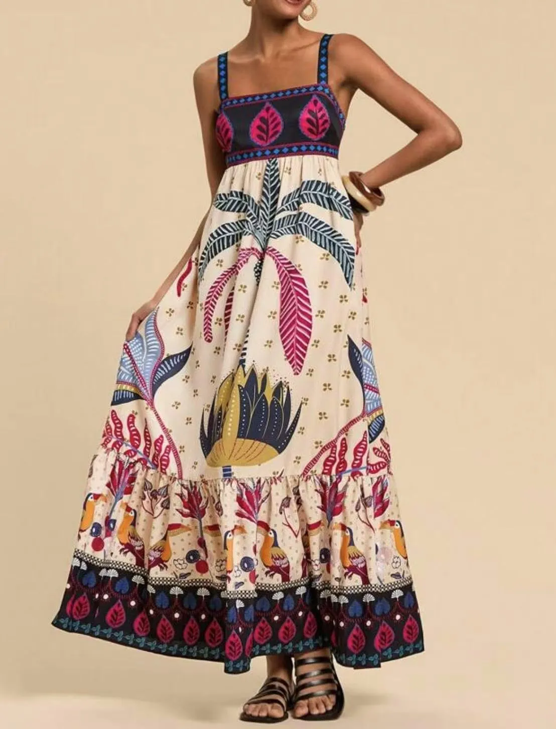 Melliflo Womens Boho Summer Maxi Dress 2025 Floral Print Spaghetti Strap Flowy Maxi Dress Smocked Tiered Long Beach Sundress