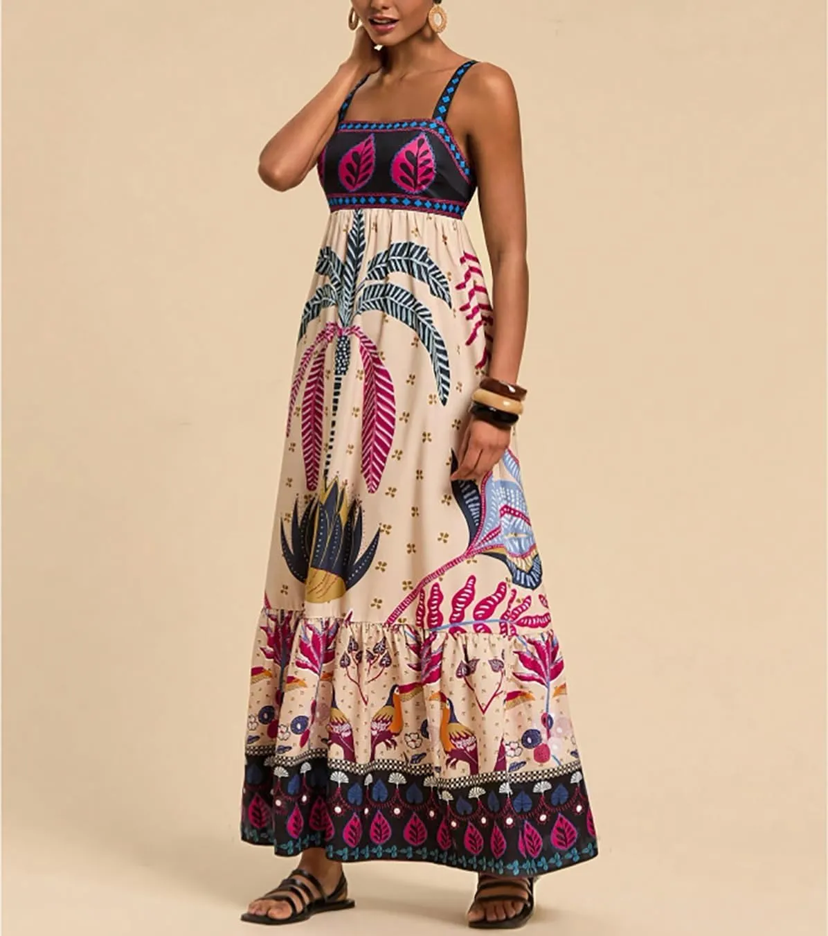 Melliflo Womens Boho Summer Maxi Dress 2025 Floral Print Spaghetti Strap Flowy Maxi Dress Smocked Tiered Long Beach Sundress