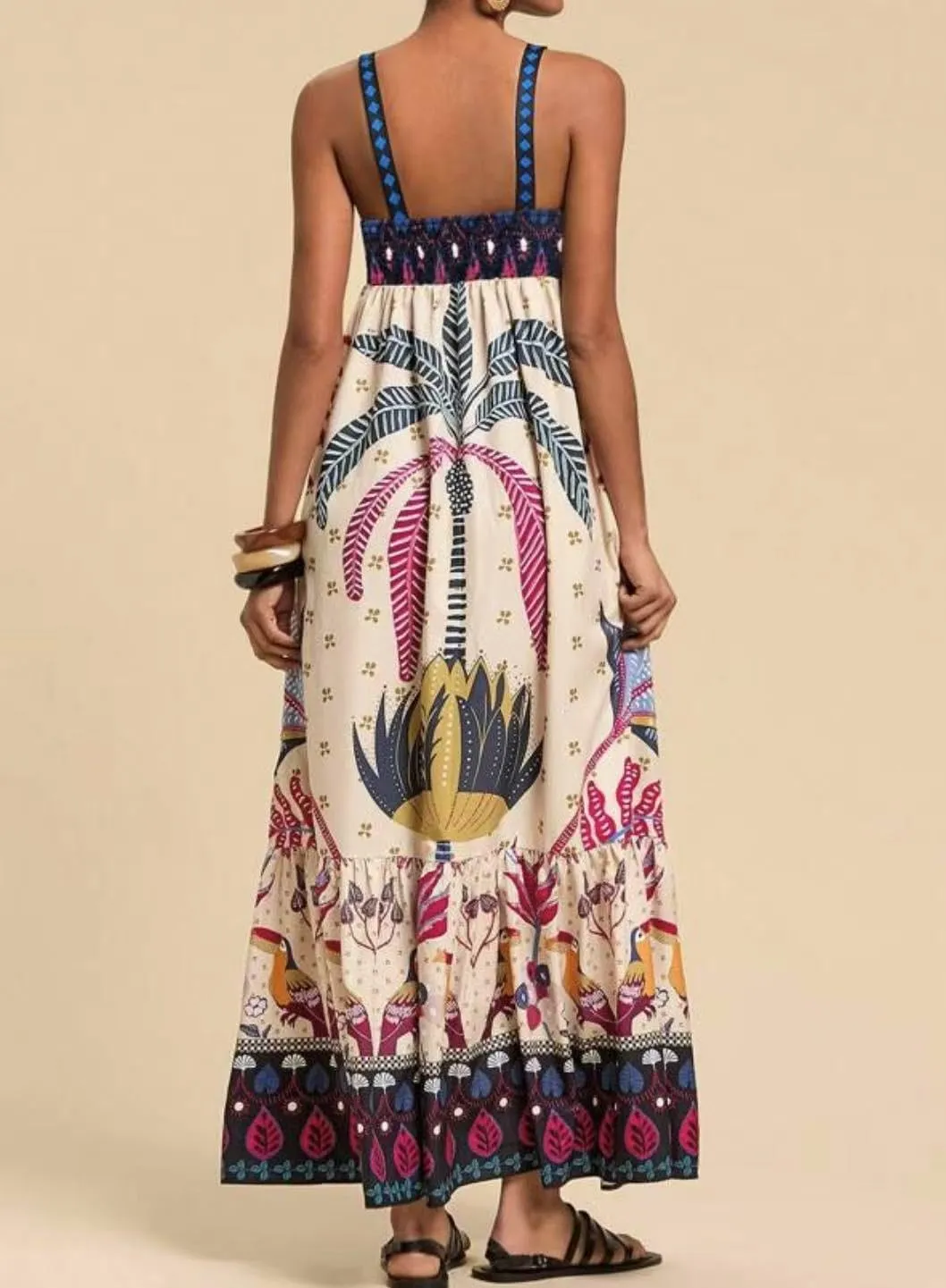 Melliflo Womens Boho Summer Maxi Dress 2025 Floral Print Spaghetti Strap Flowy Maxi Dress Smocked Tiered Long Beach Sundress