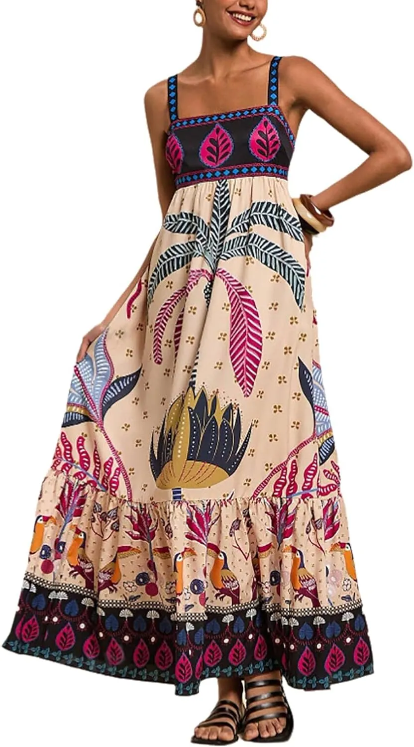 Melliflo Womens Boho Summer Maxi Dress 2025 Floral Print Spaghetti Strap Flowy Maxi Dress Smocked Tiered Long Beach Sundress