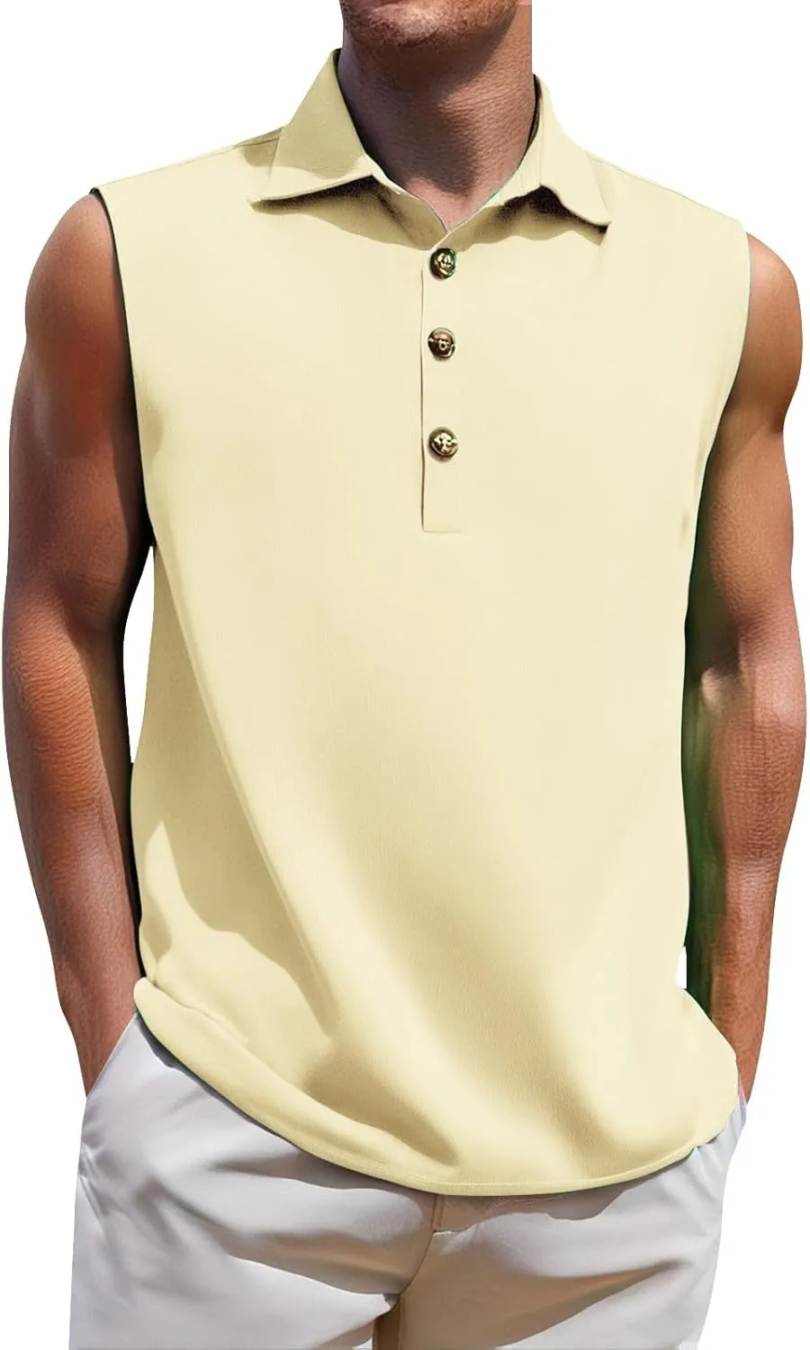 Men Summer Sleeveless Polo Shirt Casual 1/4 Button Up Workout Gym Tank Top Slim Fit Golf Henley See Summer Beach Vest