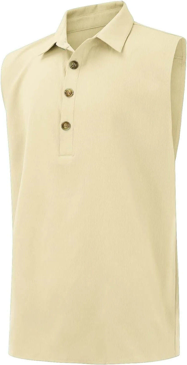 Men Summer Sleeveless Polo Shirt Casual 1/4 Button Up Workout Gym Tank Top Slim Fit Golf Henley See Summer Beach Vest