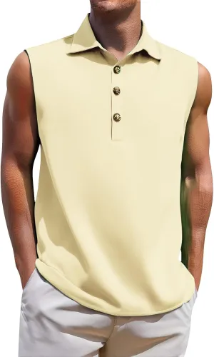 Men Summer Sleeveless Polo Shirt Casual 1/4 Button Up Workout Gym Tank Top Slim Fit Golf Henley See Summer Beach Vest