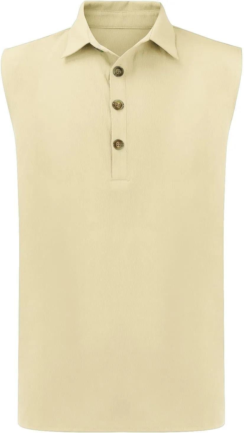 Men Summer Sleeveless Polo Shirt Casual 1/4 Button Up Workout Gym Tank Top Slim Fit Golf Henley See Summer Beach Vest