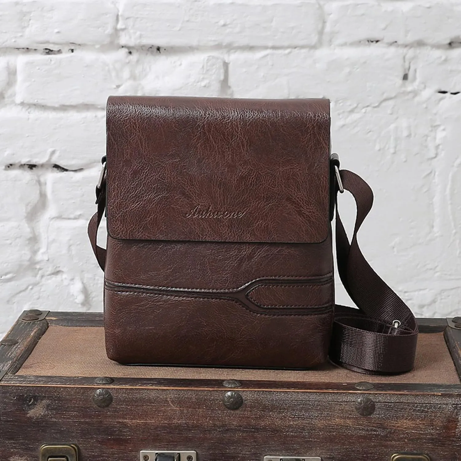 Mens Casual Solid Leather Large Capacity Adjustable Shoulder Versatile One Shoulder Messenger Bag Briefcase (Brown, A)