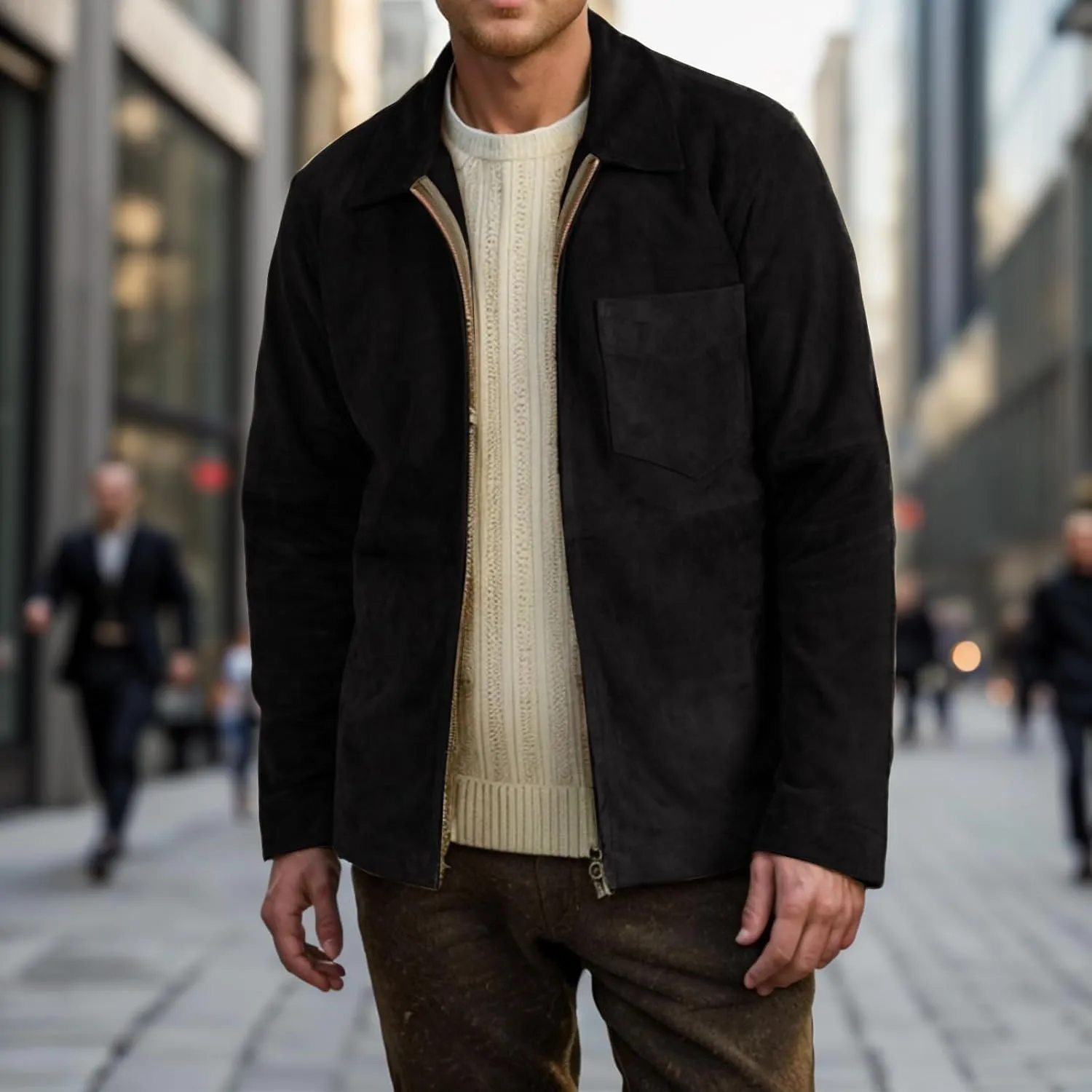 Men's Lightweight Jackets Vintage Faux Suede Bomber Coats Full Zip Up Stand Collar Light Fall Casual Windbreaker