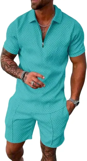 Mens Short Sets Summer 2 Piece Outfits Textured Short Sleeve Zipper Polo Shirts and Drawstring Shorts Sport Tracksuit