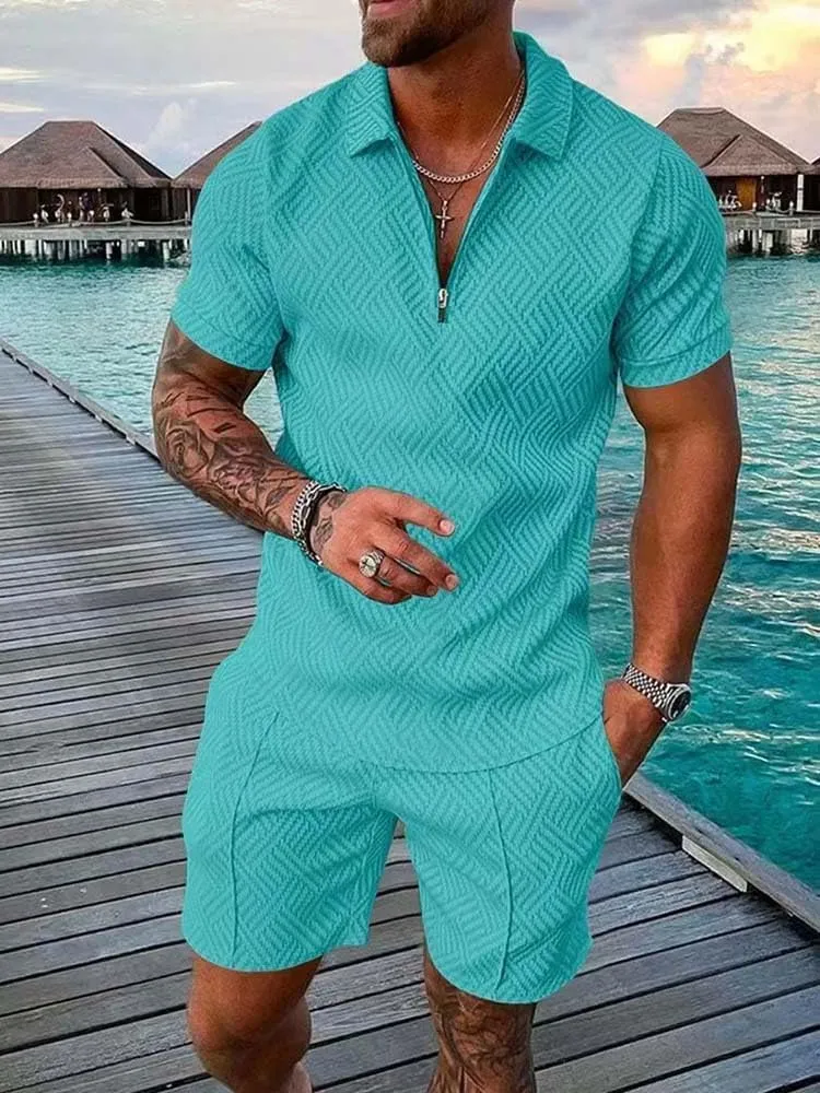 Mens Short Sets Summer 2 Piece Outfits Textured Short Sleeve Zipper Polo Shirts and Drawstring Shorts Sport Tracksuit