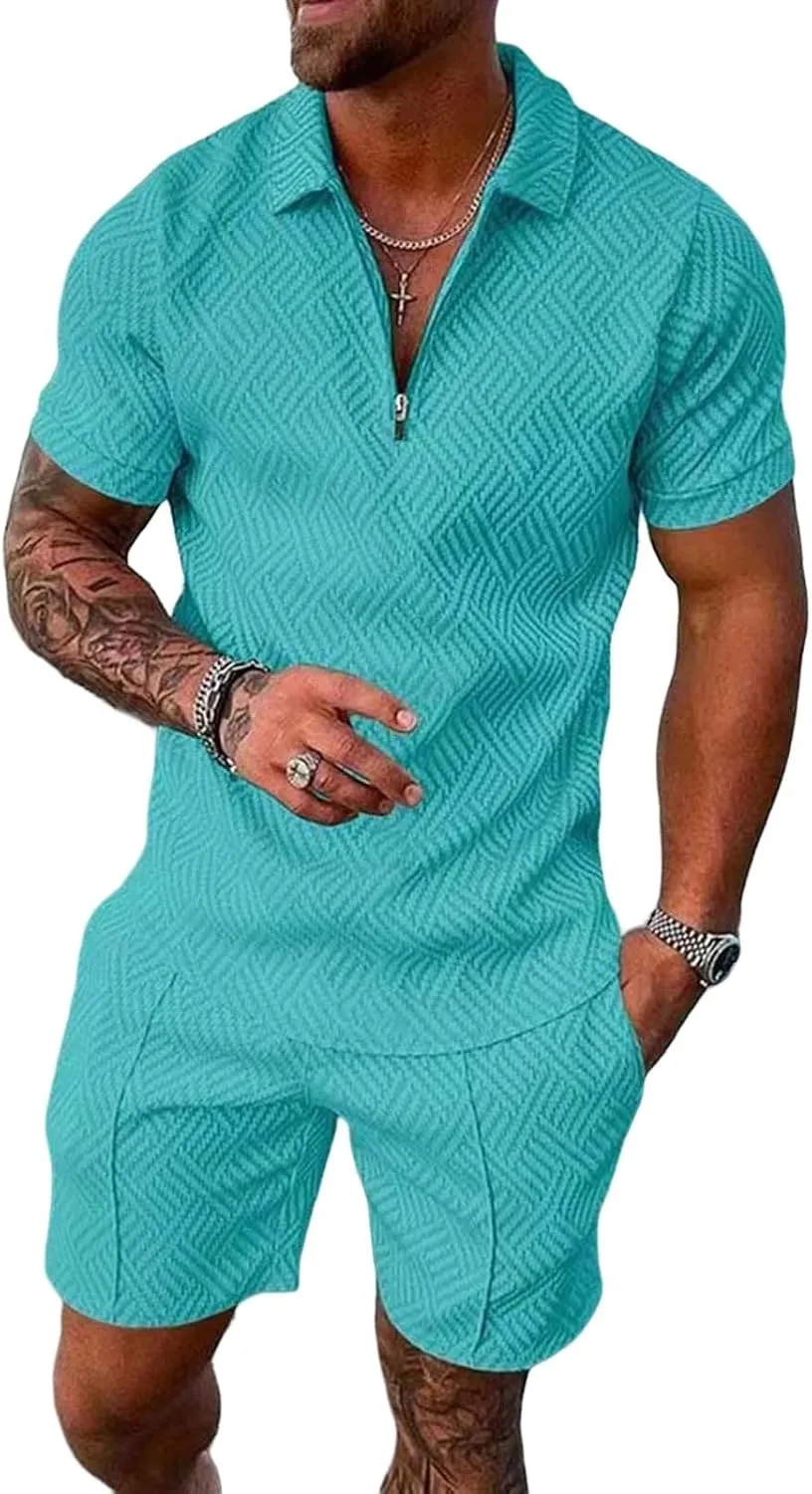 Mens Short Sets Summer 2 Piece Outfits Textured Short Sleeve Zipper Polo Shirts and Drawstring Shorts Sport Tracksuit