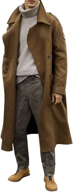 Men's Trench Coat Long Wool Blend Windbreaker Jacket Double Breasted Bussiness Overcoat with Pockets