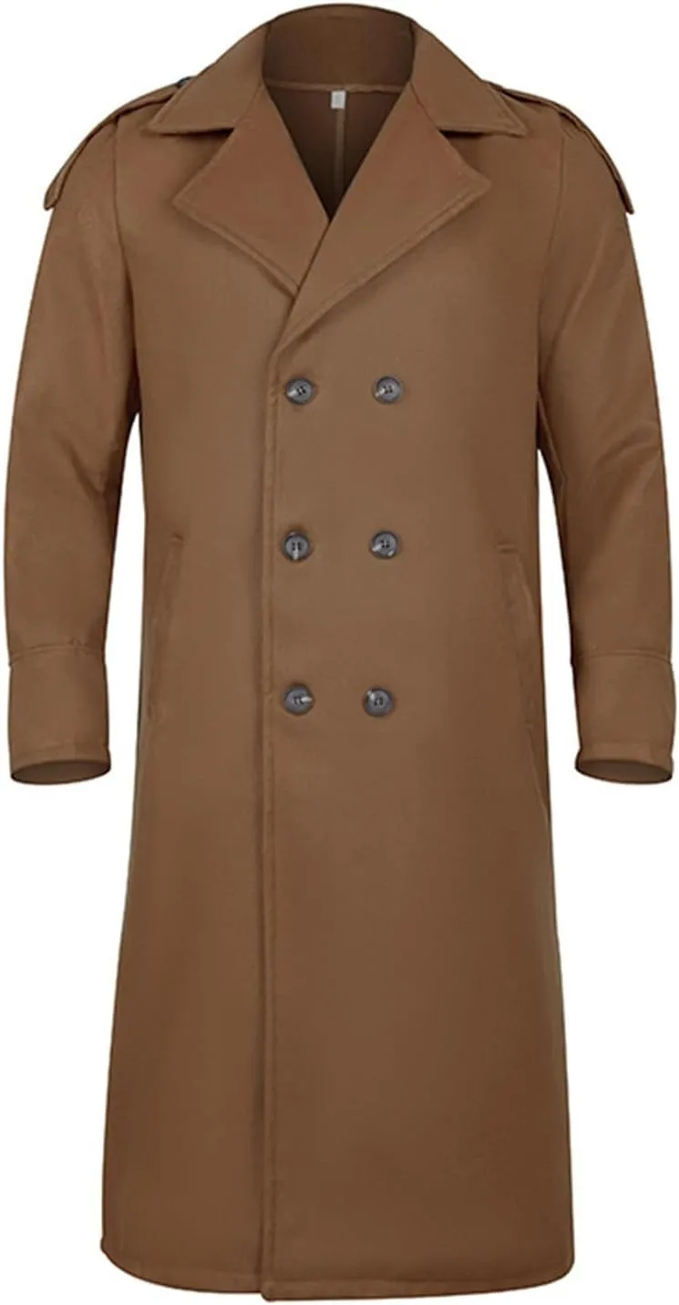 Men's Trench Coat Long Wool Blend Windbreaker Jacket Double Breasted Bussiness Overcoat with Pockets