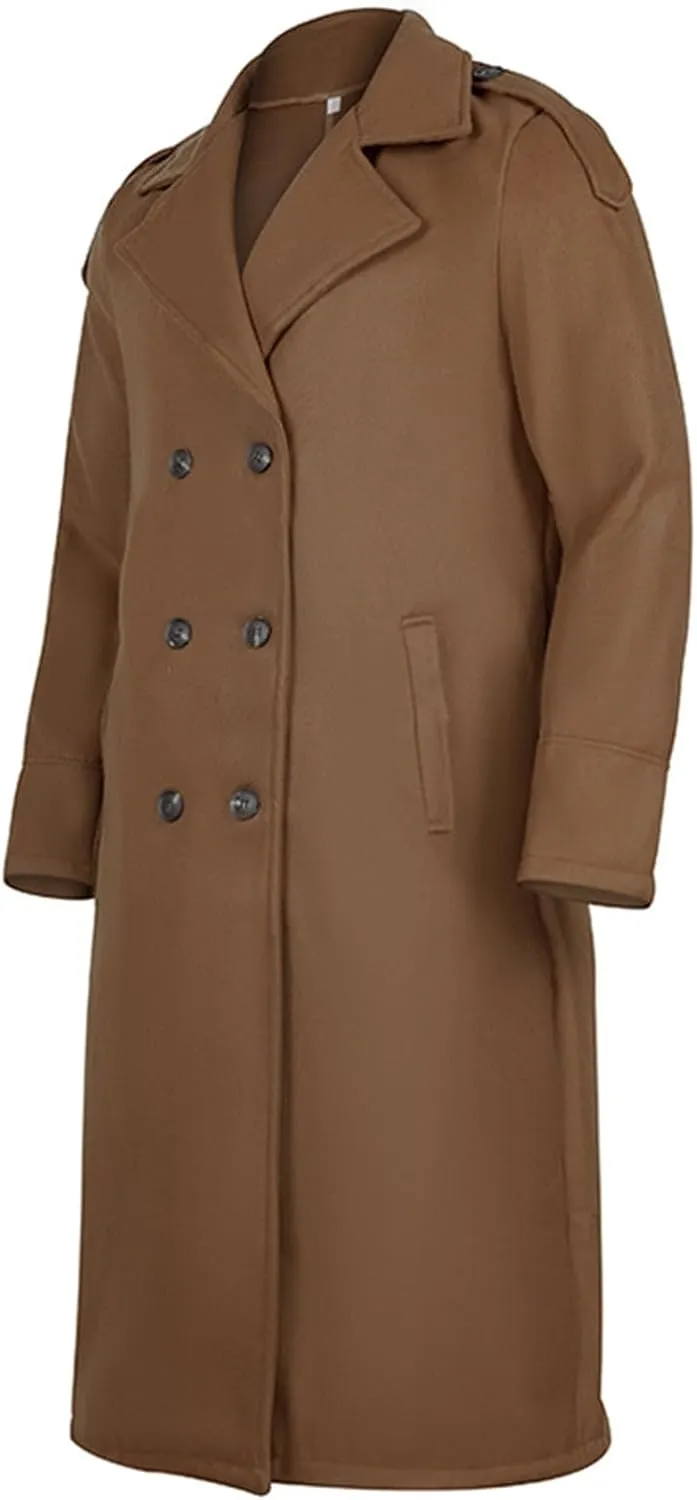 Men's Trench Coat Long Wool Blend Windbreaker Jacket Double Breasted Bussiness Overcoat with Pockets