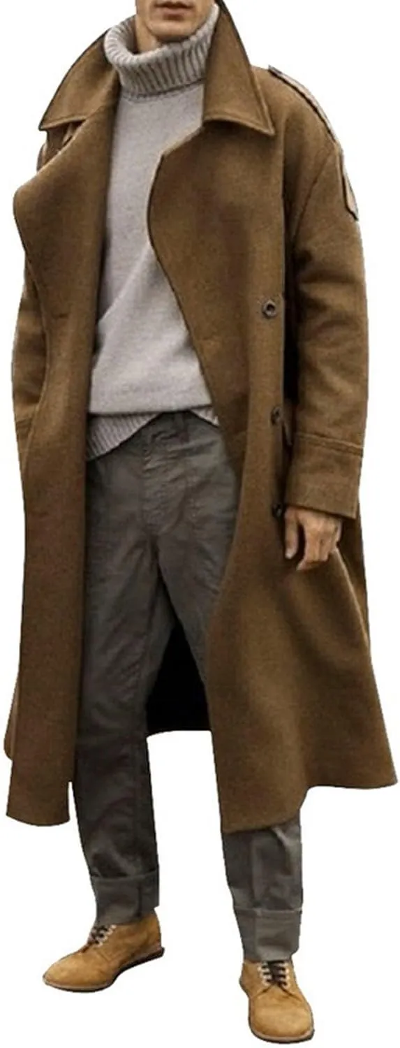 Men's Trench Coat Long Wool Blend Windbreaker Jacket Double Breasted Bussiness Overcoat with Pockets
