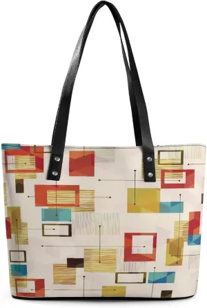 Mid Century Modern Partten Women Tote Bags Top Handle Satchel Handbags Faux Leather Tassel Shoulder Purse