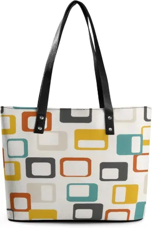 Mid Century Modern Partten Women Tote Bags Top Handle Satchel Handbags Faux Leather Tassel Shoulder Purse