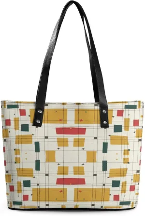 Mid Century Modern Partten Women Tote Bags Top Handle Satchel Handbags Faux Leather Tassel Shoulder Purse