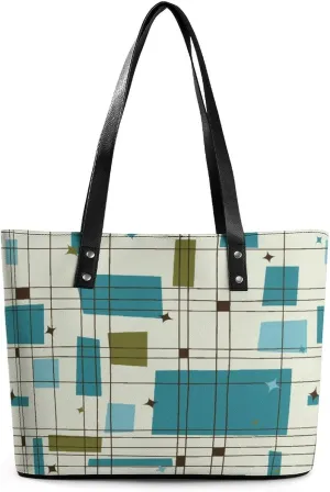 Mid Century Modern Partten Women Tote Bags Top Handle Satchel Handbags Faux Leather Tassel Shoulder Purse