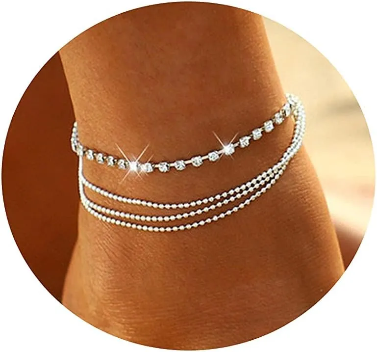 MIDEEO Gold Layered Ankle Bracelets for Women Layering Anklets Set Bracelet 14k Gold Plated CZ Rhinestone Chain Anklet Bracelets Dainty Women Beach Foot Jewelry Gifts