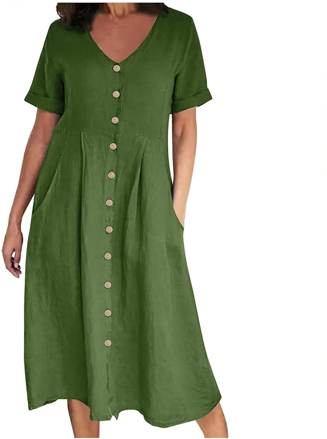 Midi Dresses for Women 2024 Summer Short Sleeve V Neck Button Down Dress Plus Size Cotton Linen Dress with Pockets