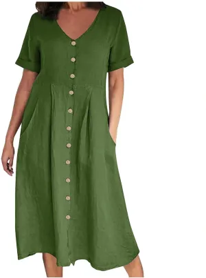 Midi Dresses for Women 2024 Summer Short Sleeve V Neck Button Down Dress Plus Size Cotton Linen Dress with Pockets
