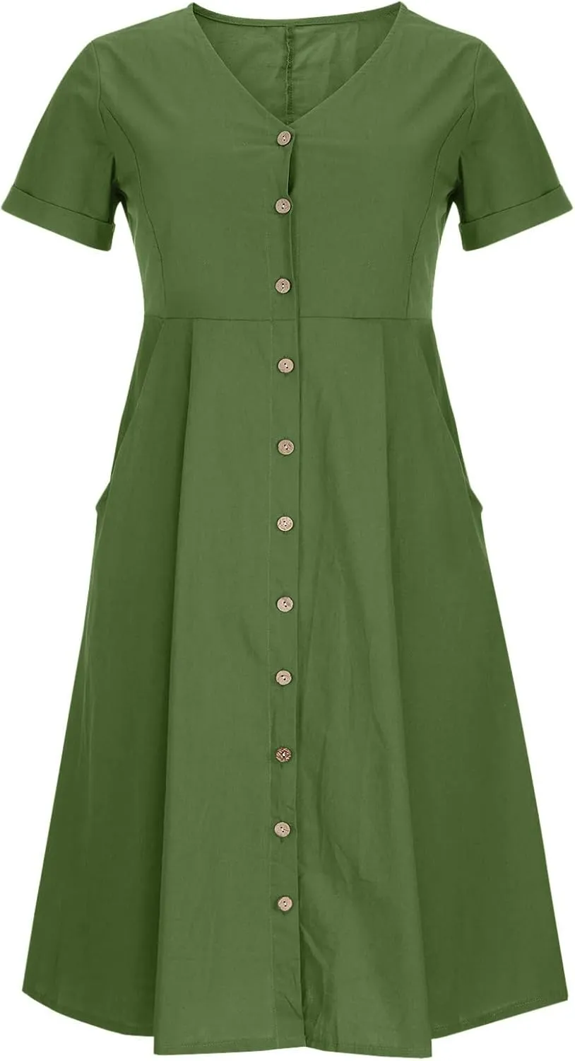 Midi Dresses for Women 2024 Summer Short Sleeve V Neck Button Down Dress Plus Size Cotton Linen Dress with Pockets