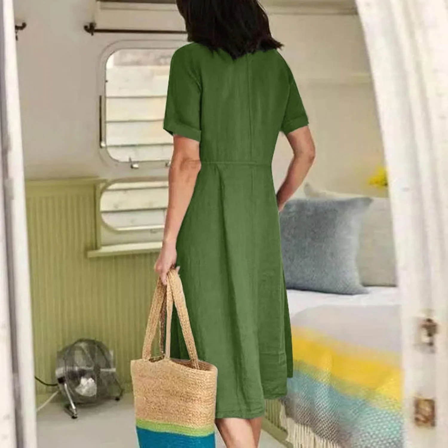 Midi Dresses for Women 2024 Summer Short Sleeve V Neck Button Down Dress Plus Size Cotton Linen Dress with Pockets