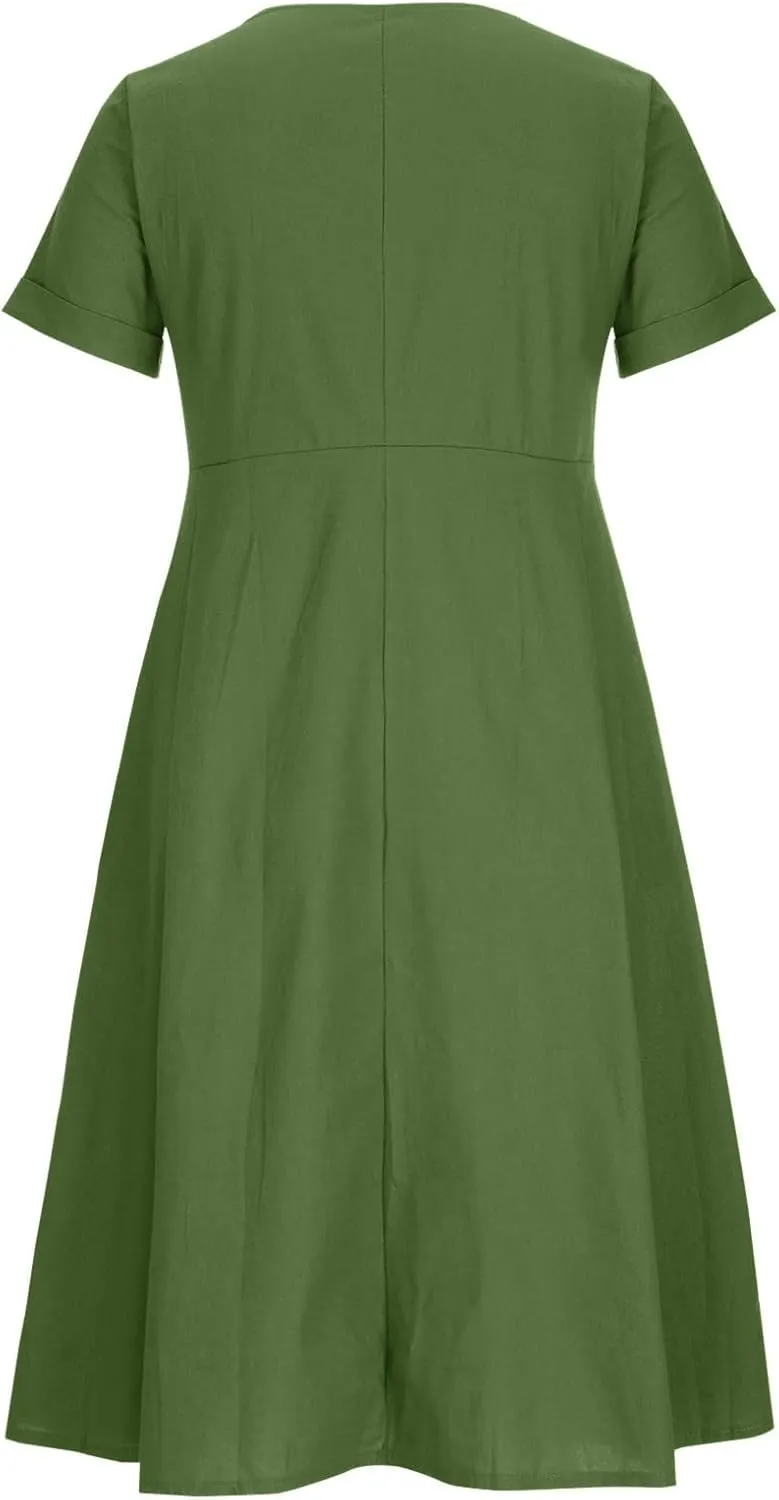 Midi Dresses for Women 2024 Summer Short Sleeve V Neck Button Down Dress Plus Size Cotton Linen Dress with Pockets