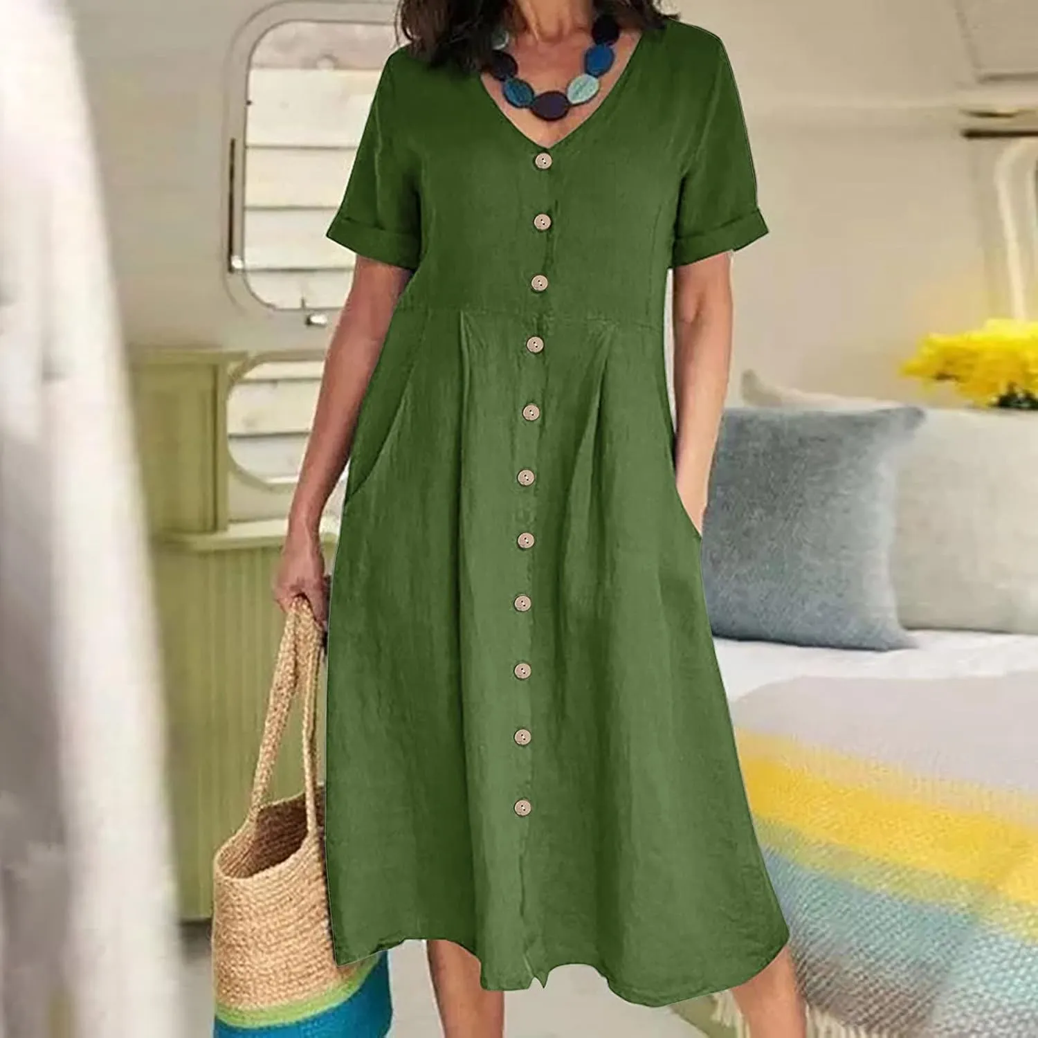 Midi Dresses for Women 2024 Summer Short Sleeve V Neck Button Down Dress Plus Size Cotton Linen Dress with Pockets
