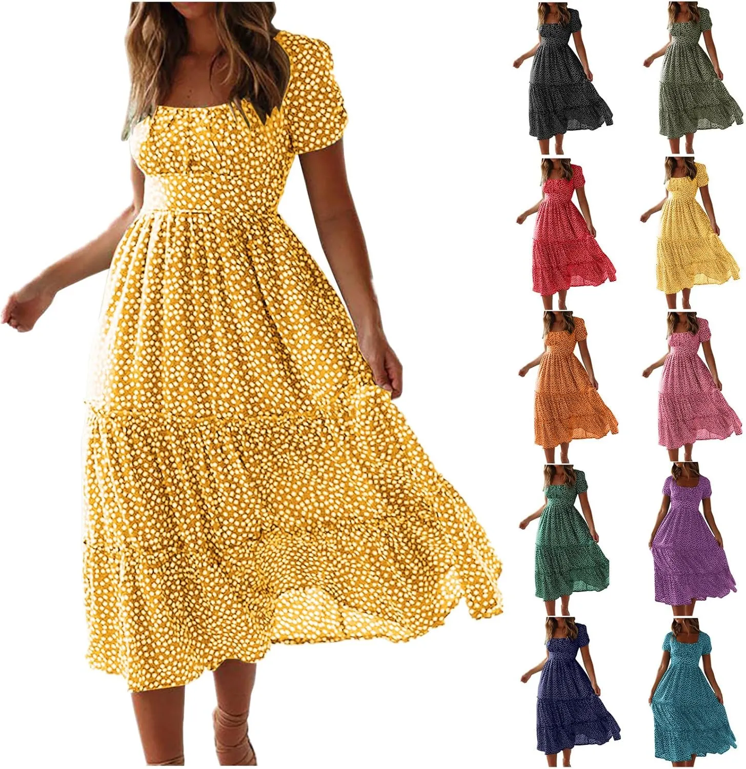 Midi Dresses for Women Floral Boho Beach Dress Casual Summer Sundresses High Waisted A Line Wedding Guest Party Dress