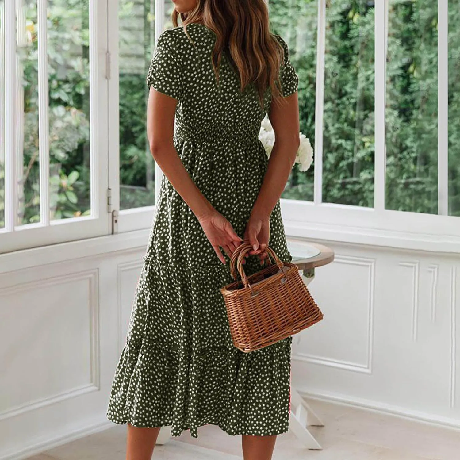 Midi Dresses for Women Floral Boho Beach Dress Casual Summer Sundresses High Waisted A Line Wedding Guest Party Dress