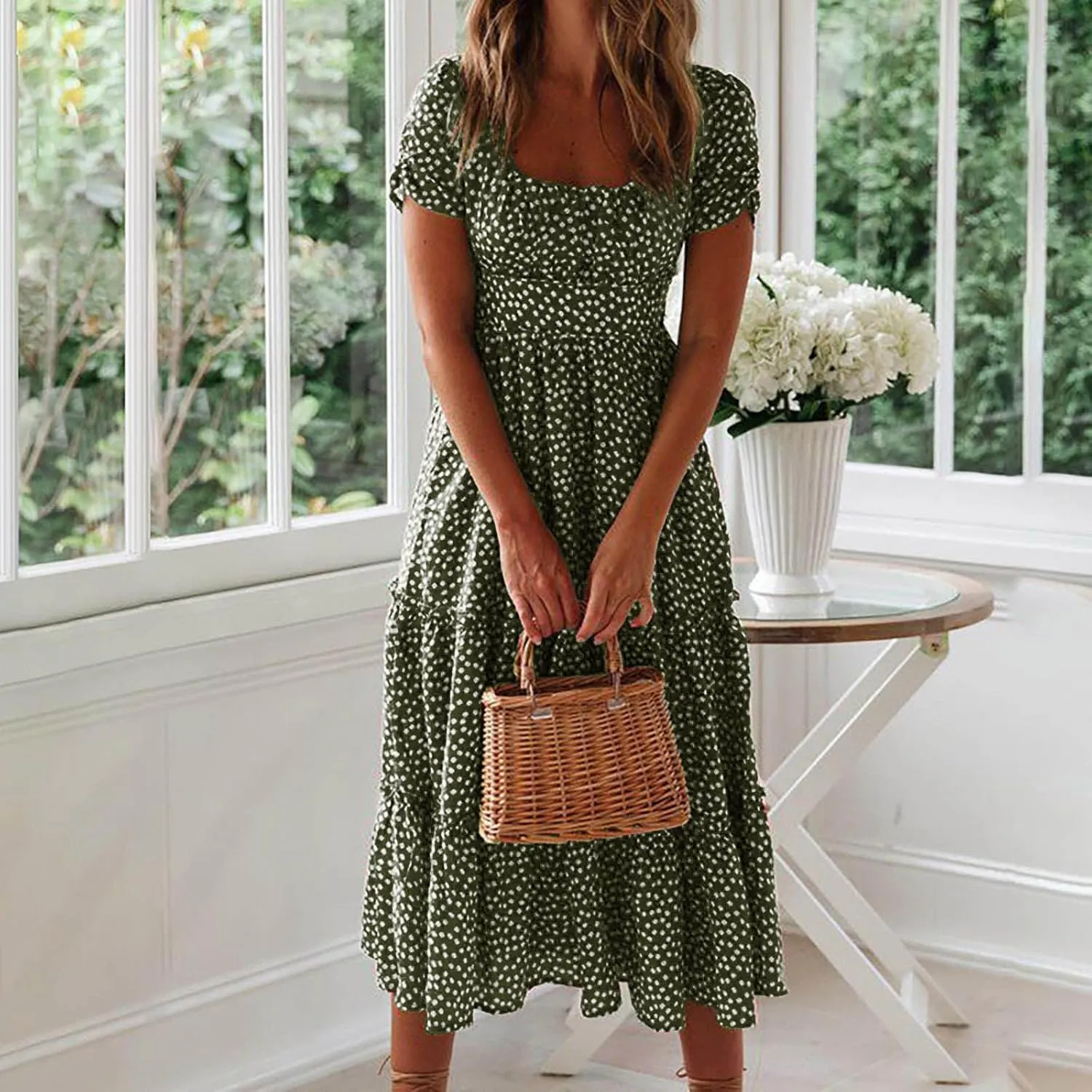 Midi Dresses for Women Floral Boho Beach Dress Casual Summer Sundresses High Waisted A Line Wedding Guest Party Dress