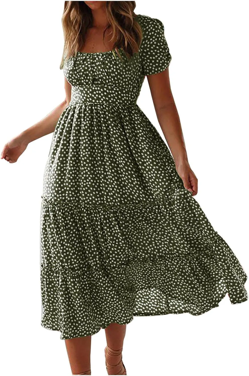 Midi Dresses for Women Floral Boho Beach Dress Casual Summer Sundresses High Waisted A Line Wedding Guest Party Dress