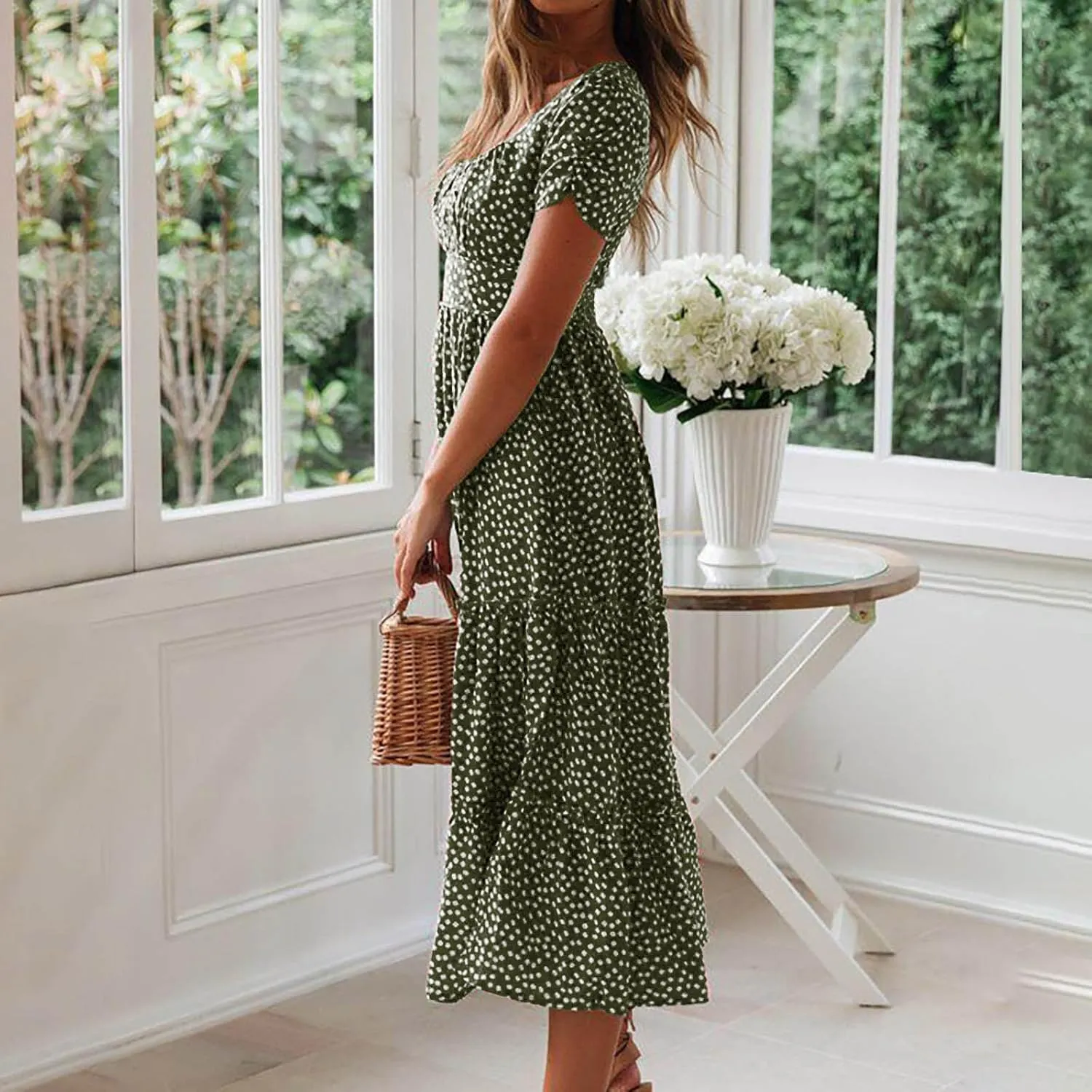 Midi Dresses for Women Floral Boho Beach Dress Casual Summer Sundresses High Waisted A Line Wedding Guest Party Dress