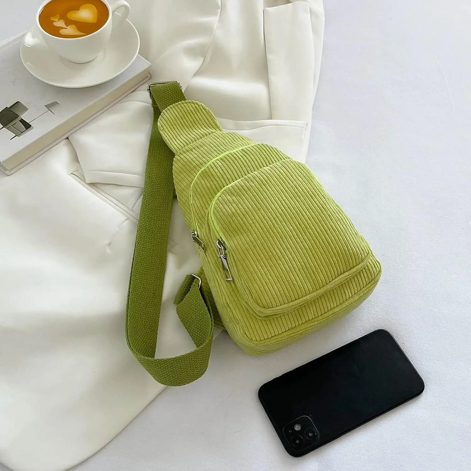 Mini Corduroy Sling Bag Women Shoulder Bag Chest Bag Purse Bags Package Shoulder Bags (Green, One Size)
