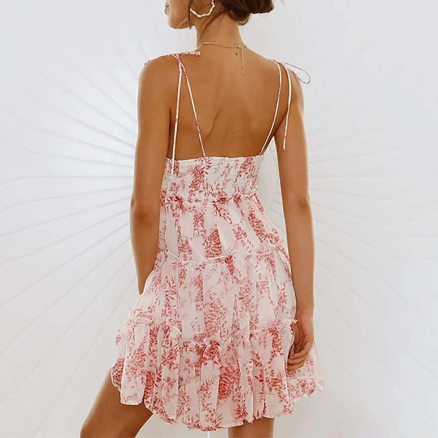 Mini Sundresses for Women Smocked Spaghetti Strap Skater Dress Summer Loose Ruffle Boho Cami Boho Dress