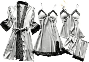 Mmoneyake Women's Satin Pajama Set 4Pcs Lace Trim Cami Tops Shorts Sleepwear Nightdress with Robe Loungewear Nightgown Pjs