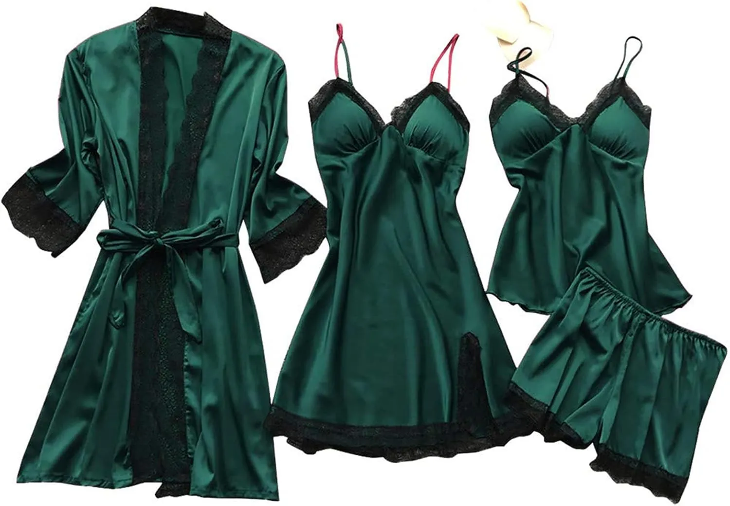 Mmoneyake Women's Satin Pajama Set 4Pcs Lace Trim Cami Tops Shorts Sleepwear Nightdress with Robe Loungewear Nightgown Pjs