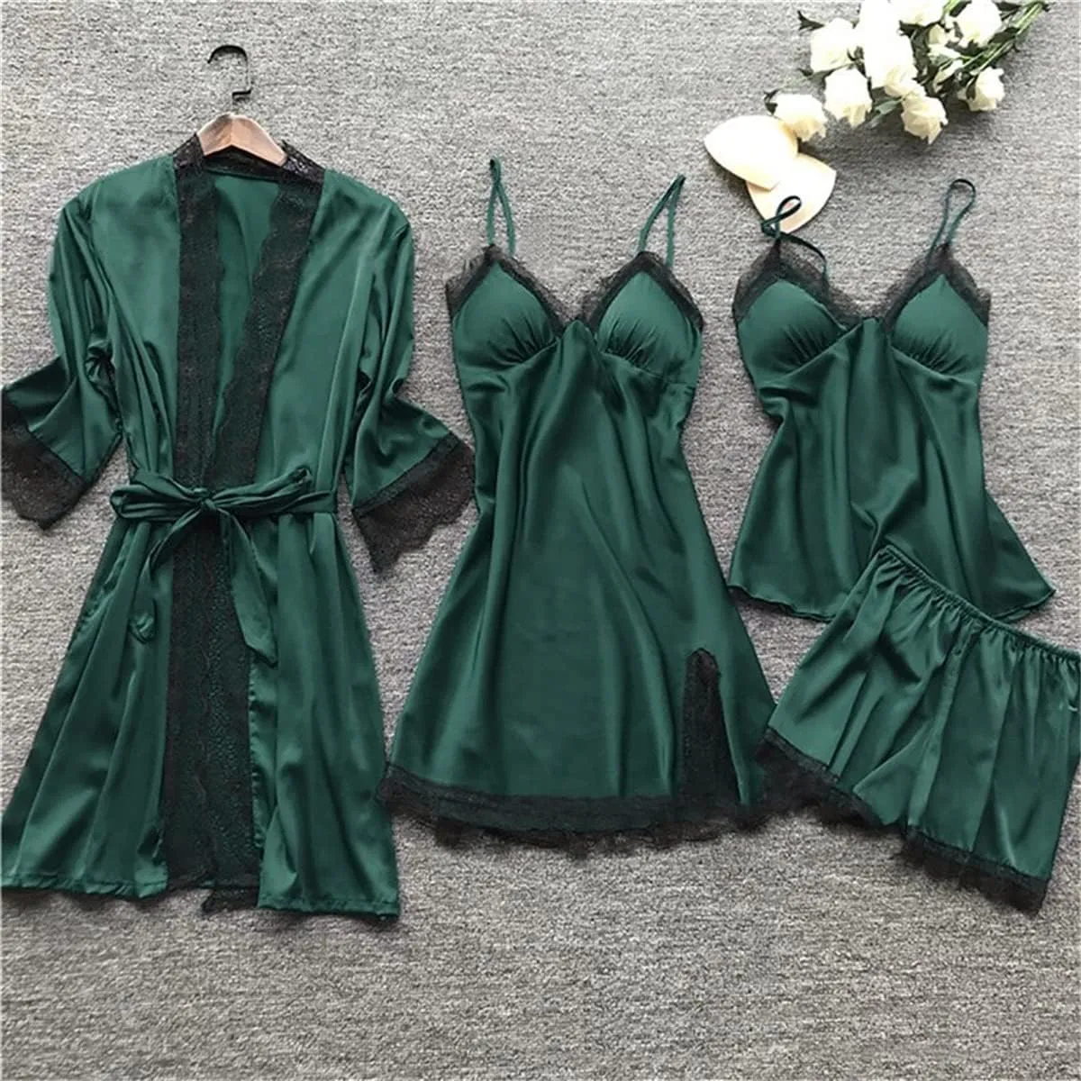 Mmoneyake Women's Satin Pajama Set 4Pcs Lace Trim Cami Tops Shorts Sleepwear Nightdress with Robe Loungewear Nightgown Pjs