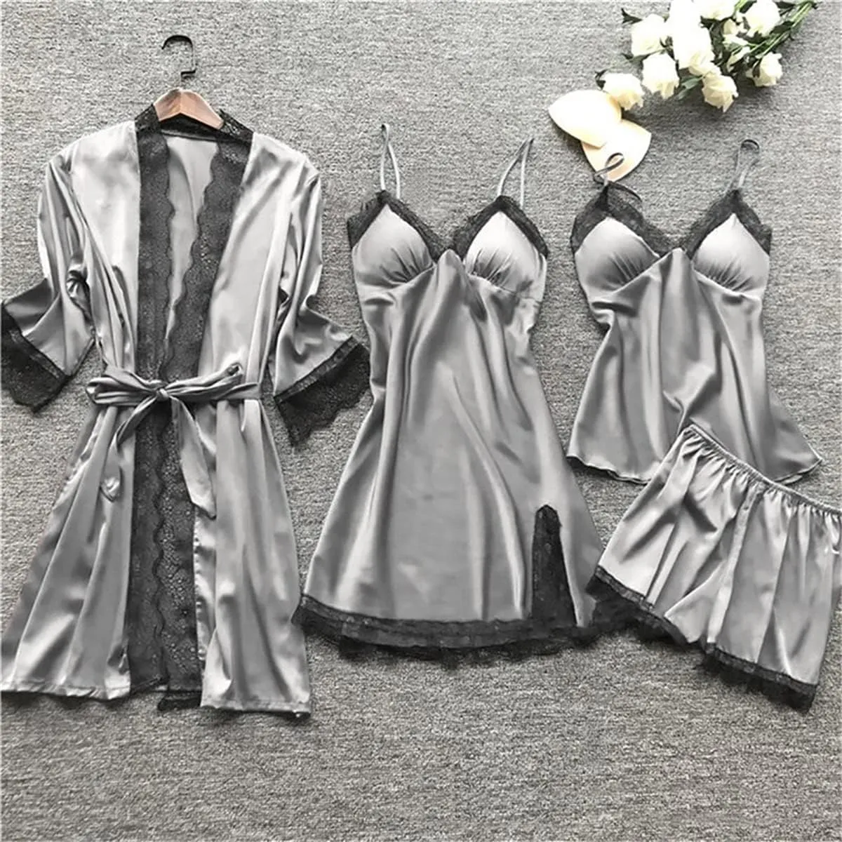 Mmoneyake Women's Satin Pajama Set 4Pcs Lace Trim Cami Tops Shorts Sleepwear Nightdress with Robe Loungewear Nightgown Pjs
