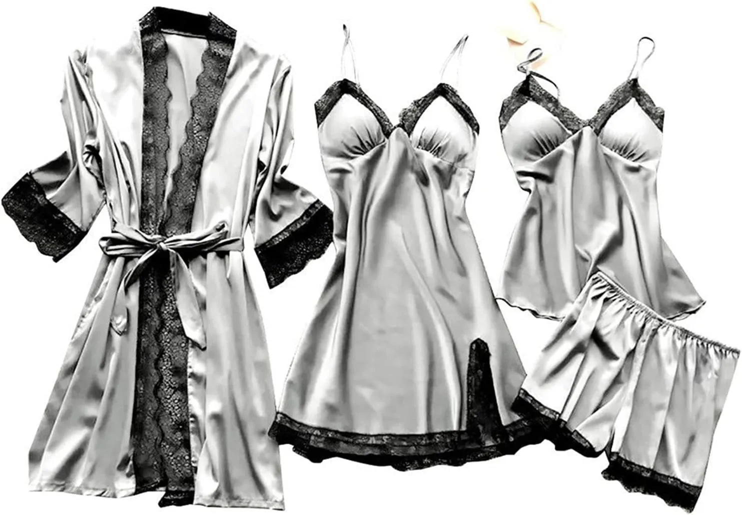 Mmoneyake Women's Satin Pajama Set 4Pcs Lace Trim Cami Tops Shorts Sleepwear Nightdress with Robe Loungewear Nightgown Pjs